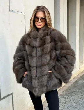 Шуба из куницы в цвете соболь - рукава косичкой