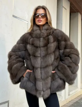 Шуба из куницы в цвете соболь - рукава косичкой