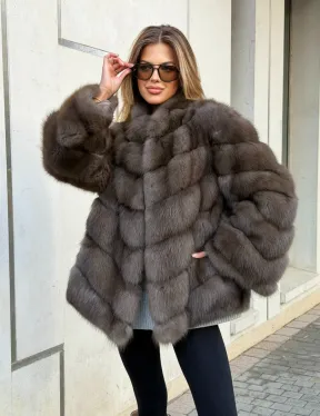 Шуба из куницы в цвете соболь - рукава косичкой