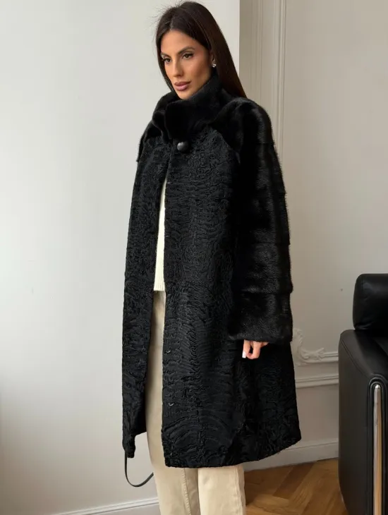 Шуба из каракуля с норкой - стойка воротник