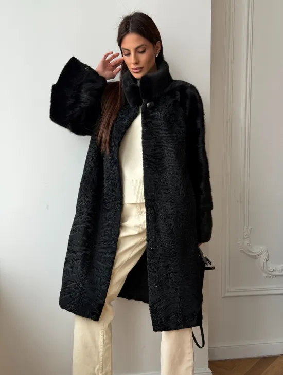 Шуба из каракуля с норкой - стойка воротник