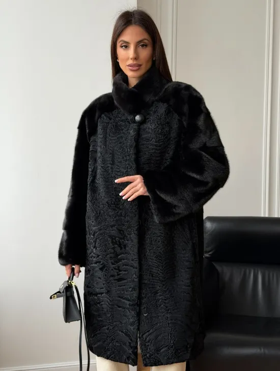Шуба из каракуля с норкой - стойка воротник