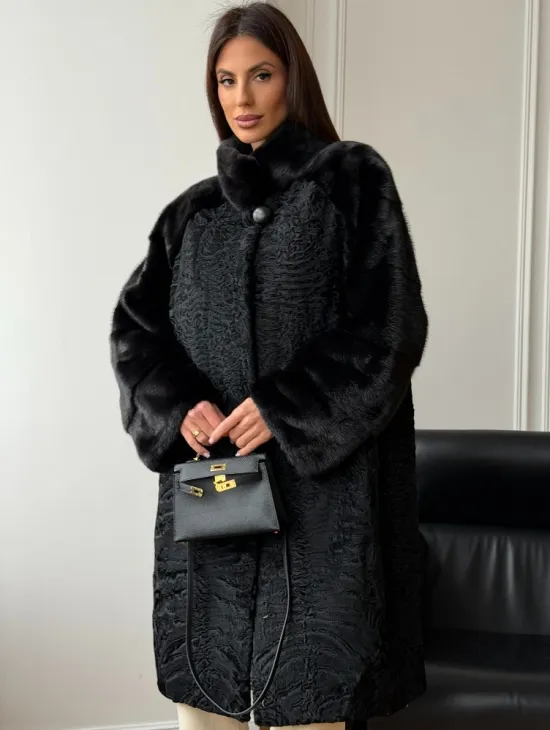Шуба из каракуля с норкой - стойка воротник