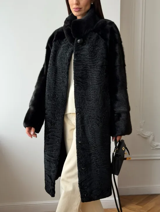 Шуба из каракуля с норкой - стойка воротник
