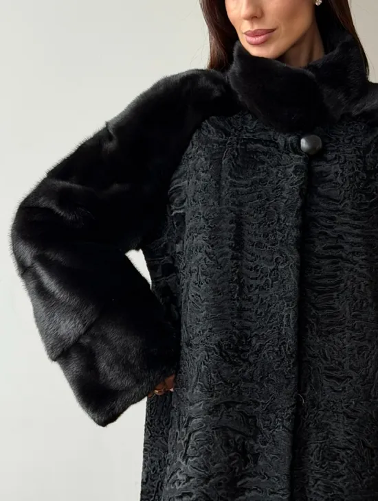 Шуба из каракуля с норкой - стойка воротник