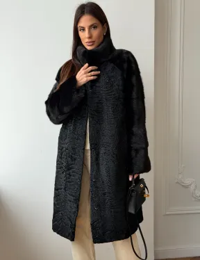 Шуба из каракуля с норкой - стойка воротник