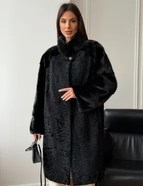 Шуба из каракуля с норкой - стойка воротник