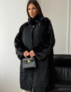 Шуба из каракуля с норкой - стойка воротник