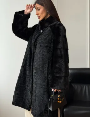 Шуба из каракуля с норкой - стойка воротник