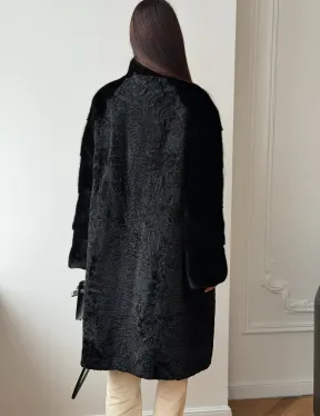 Шуба из каракуля с норкой - стойка воротник