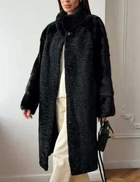 Шуба из каракуля с норкой - стойка воротник