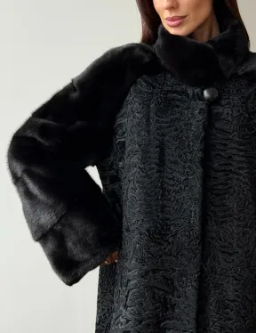 Шуба из каракуля с норкой - стойка воротник