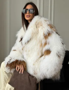 Шуба из ламы бело-коричневая