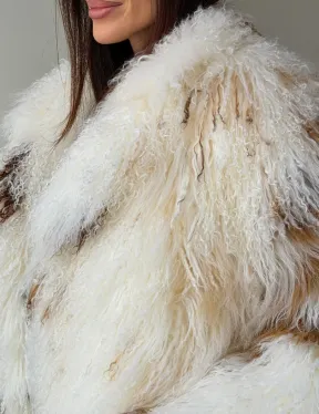 Шуба из ламы бело-коричневая