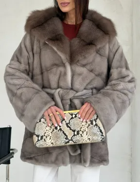 Серый норковый полушубок - капюшон куница