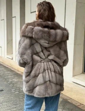 Серый норковый полушубок - капюшон куница
