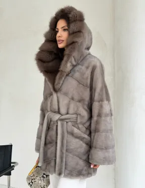 Серый норковый полушубок - капюшон куница