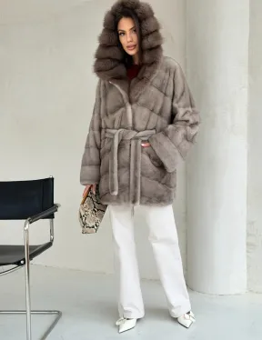 Серый норковый полушубок - капюшон куница