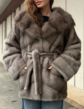 Серый норковый полушубок - капюшон куница