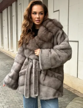 Серый норковый полушубок - капюшон куница