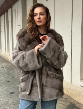 Серый норковый полушубок - капюшон куница
