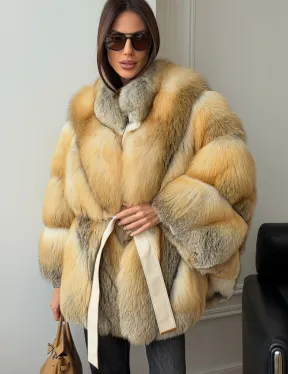 Шуба - пончо из лисы с поясом