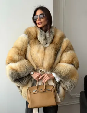 Шуба - пончо из лисы с поясом