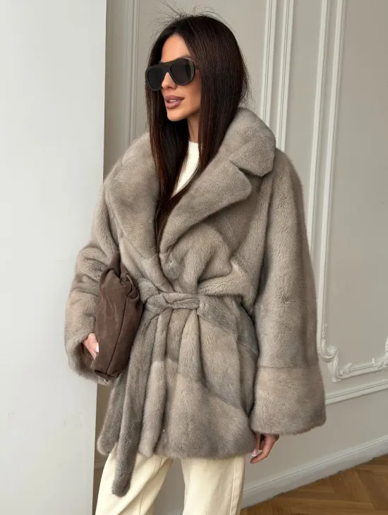 Норковый полушубок в натуральном цвете Silver