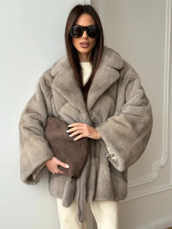 Норковый полушубок в натуральном цвете Silver