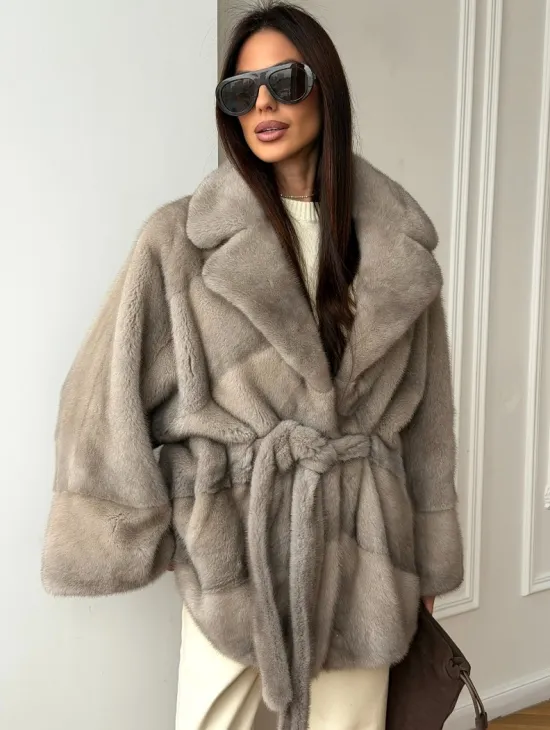 Норковый полушубок в натуральном цвете Silver