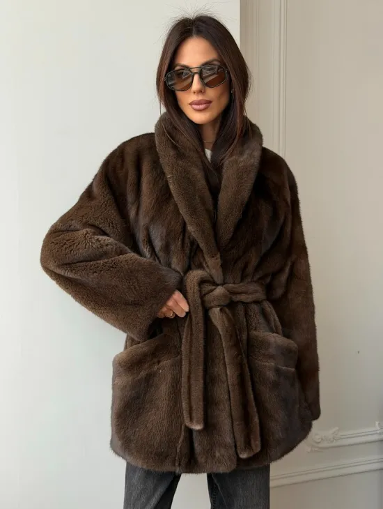 Коричневая норковая шуба под пояс - воротник шаль - фото 12