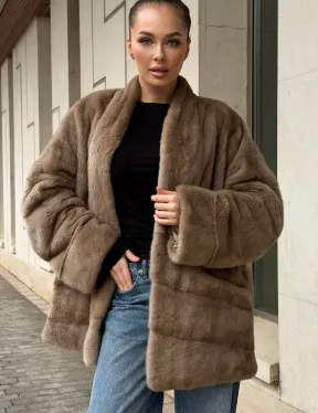 Норковый полушубок пастель V-образный воротник