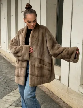 Норковый полушубок пастель V-образный воротник