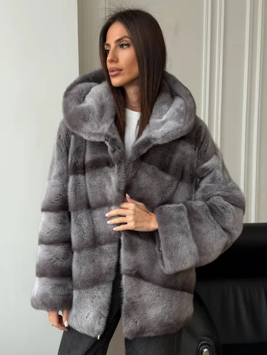 Норковый полушубок с капюшоном - цвет Platinum