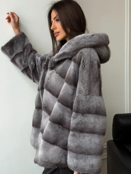 Норковый полушубок с капюшоном - цвет Platinum