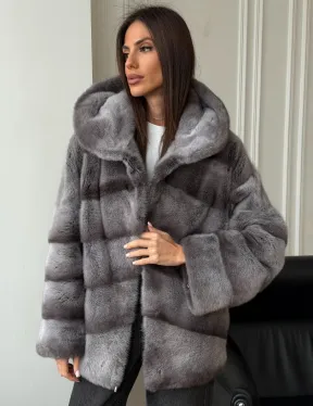 Норковый полушубок с капюшоном - цвет Platinum