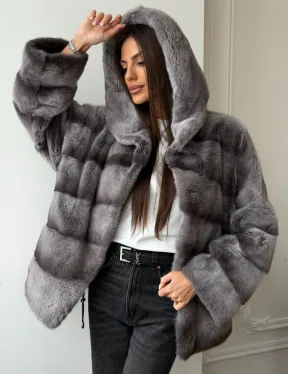 Норковый полушубок с капюшоном - цвет Platinum
