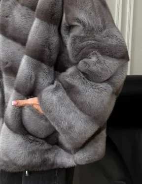 Норковый полушубок с капюшоном - цвет Platinum