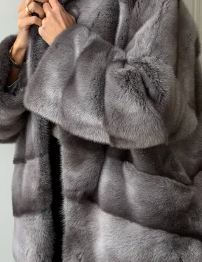 Норковый полушубок с капюшоном - цвет Platinum