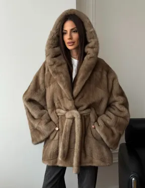 Норковая шуба пастель с капюшоном
