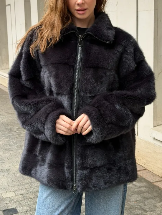 Норковая куртка на молнии - графит