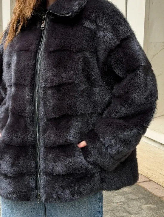 Норковая куртка на молнии - графит