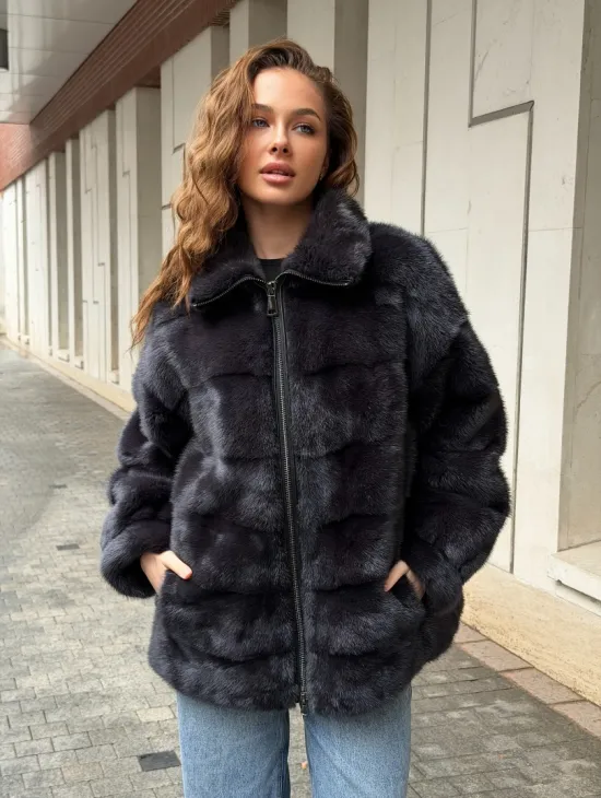 Норковая куртка на молнии - графит