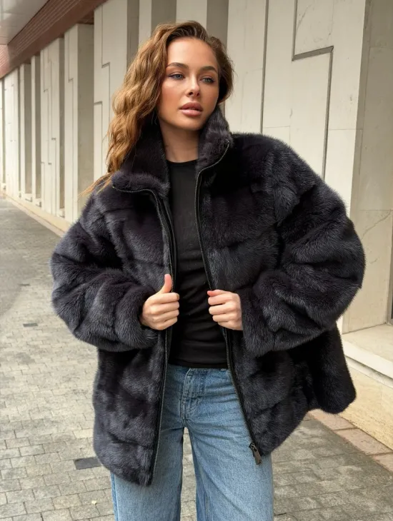 Норковая куртка на молнии - графит