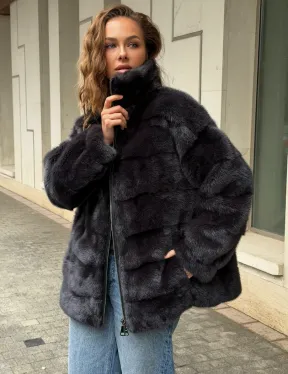 Норковая куртка на молнии - графит