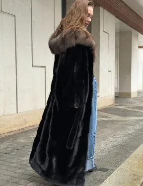 Длинная норковая шуба - кимоно с капюшоном куница