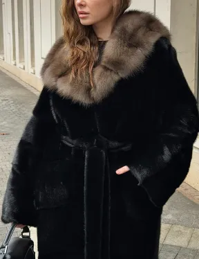 Длинная норковая шуба - кимоно с капюшоном куница