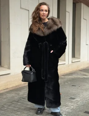 Длинная норковая шуба - кимоно с капюшоном куница