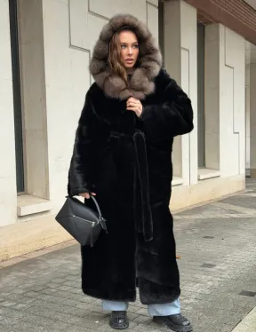 Длинная норковая шуба - кимоно с капюшоном куница