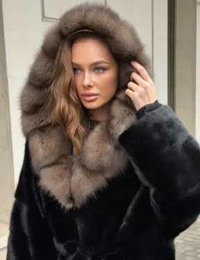 Длинная норковая шуба - кимоно с капюшоном куница